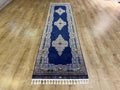 Navy Blue Medallion Silk Runner Rug, 3x10 ft, Turkish Style Classic Luxury Hallway Rug