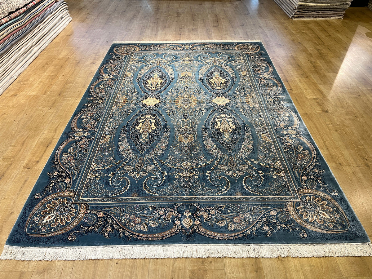 7x10 ft Blue Classic Turkish Style Silk Area Rug with Elegant Luxury Design