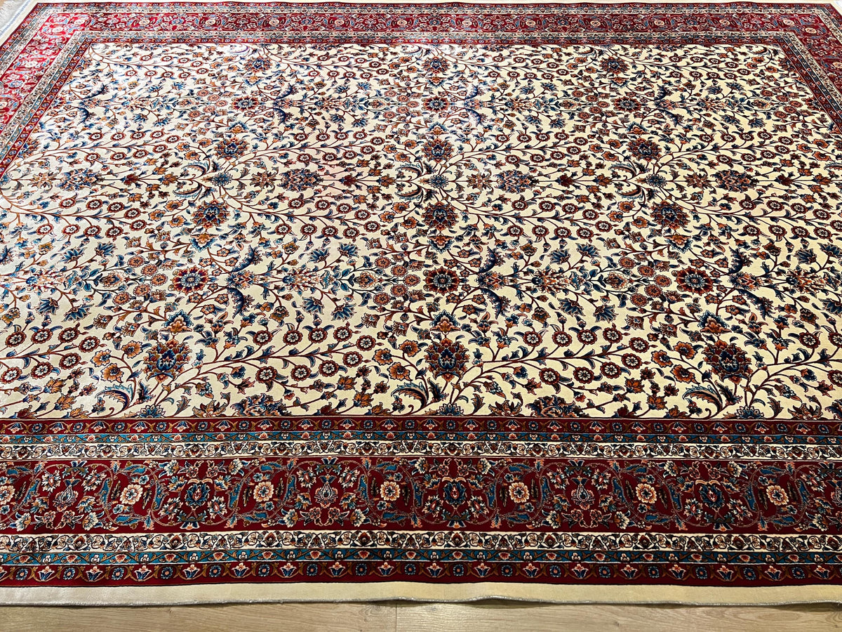 Floral Design Ivory Silk Carpet, Red Border Silk Rug, Home Decor