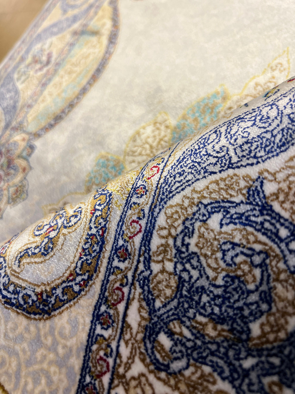 2x3 Ft Gray Silk Rug, Gold And Blue Medallion Pattern, Small Gift Rug, Tapestry