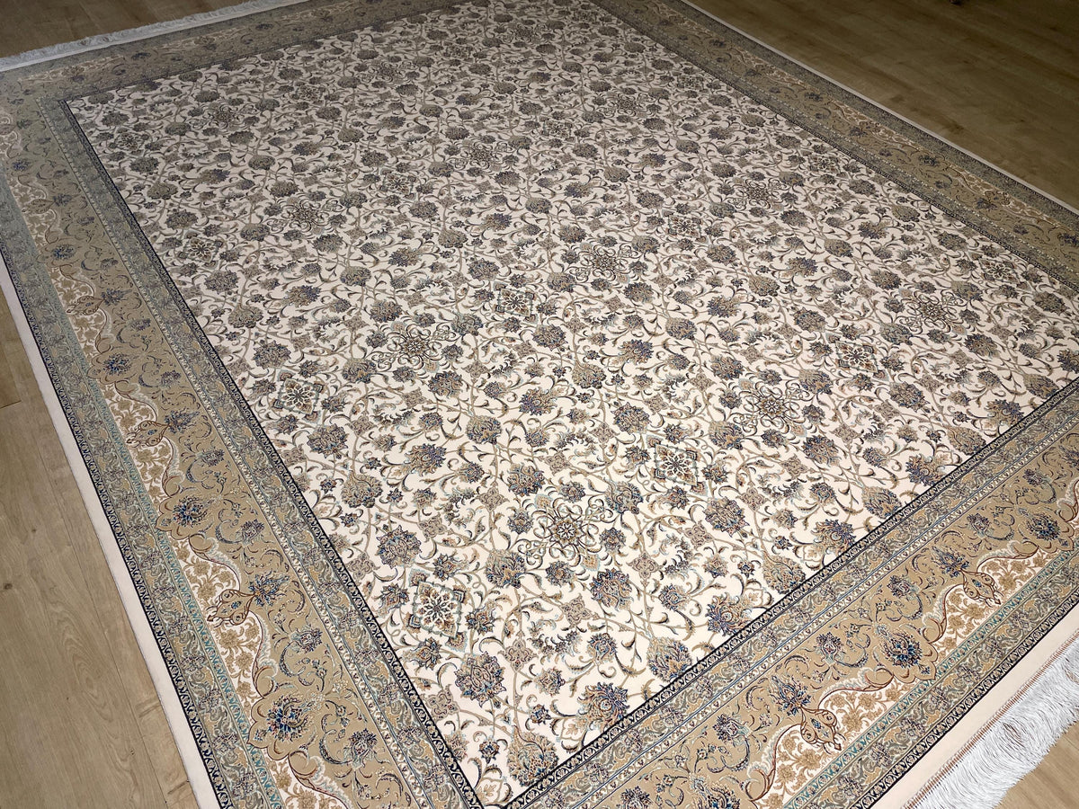 8x10 Ft Cream Modal Silk Rug, Beige Border Floral Design, Classic Elegant Large Rug