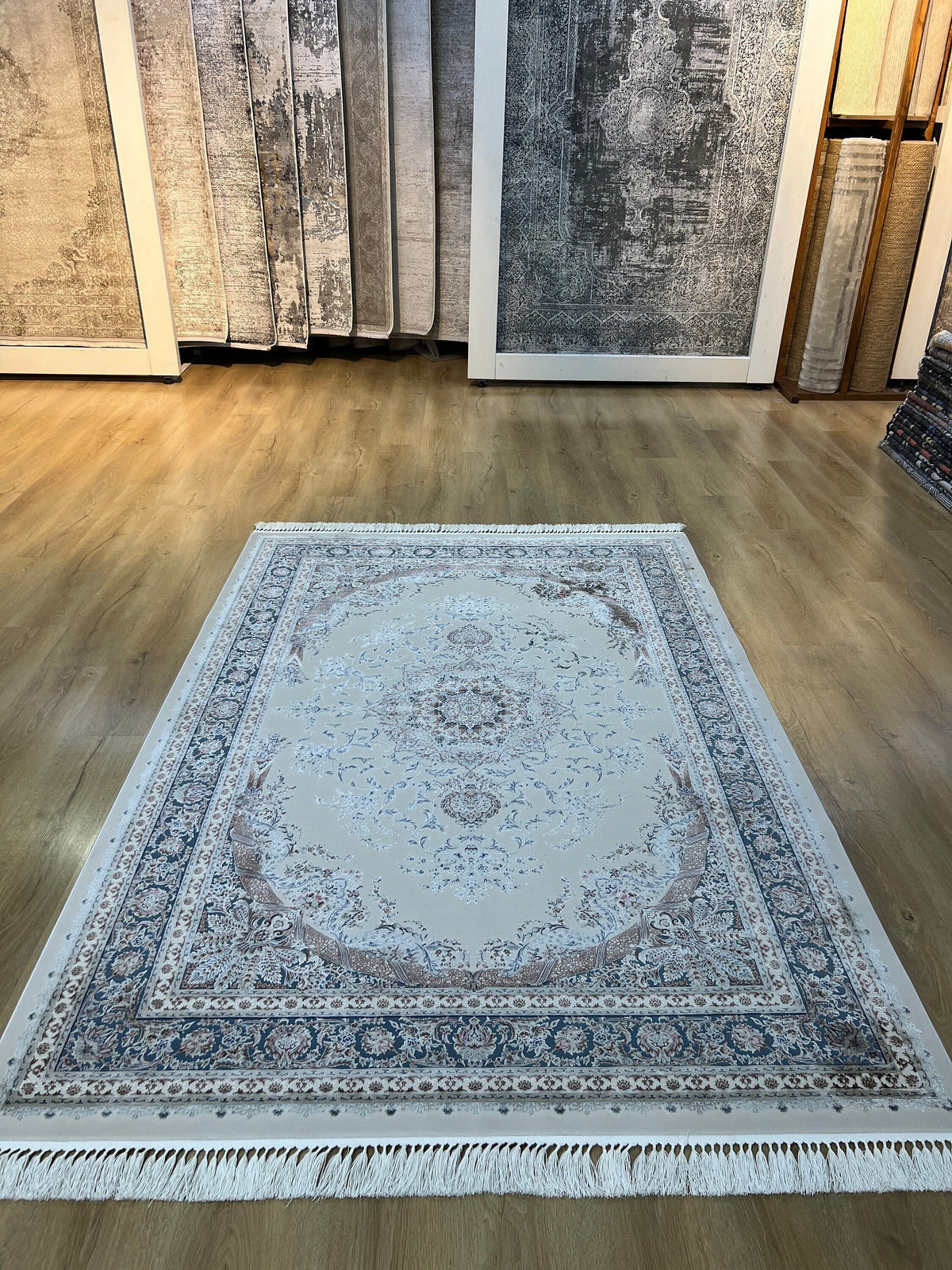 5x8 ft Ivory Silk Rug with Blue Border and Medallion, Classic Turkish Style