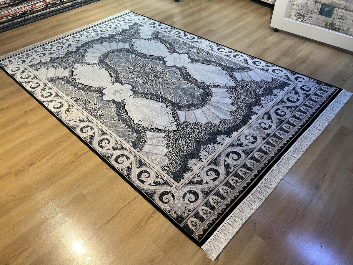 Black Silk Area Rug with Elegant Classic Motifs, Oversize Rug