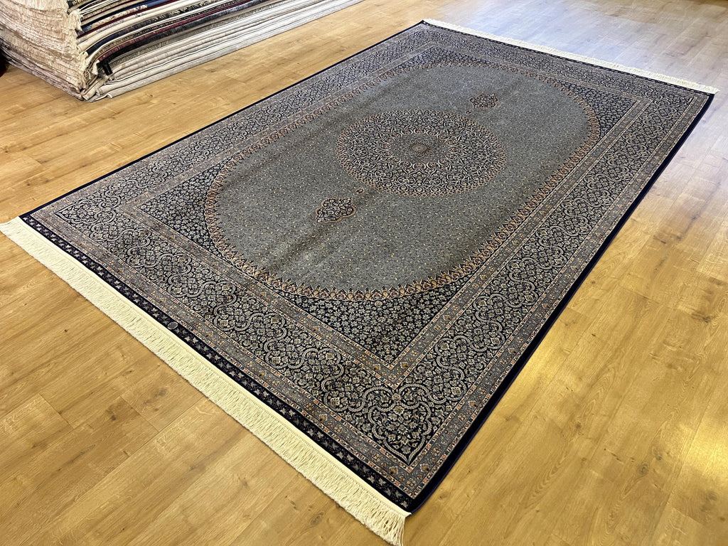 Gray Blue Turkish Silk Rug 7x10 ft, Oushak Style