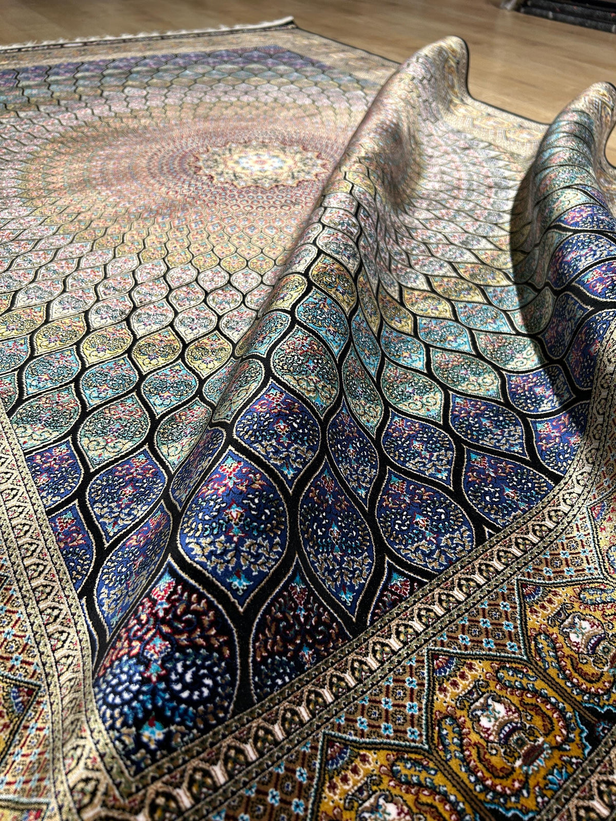 4x6 ft Blue Gold Silk Rug, Medallion Design, Classic Turkish Style Carpet, Luxury Rug