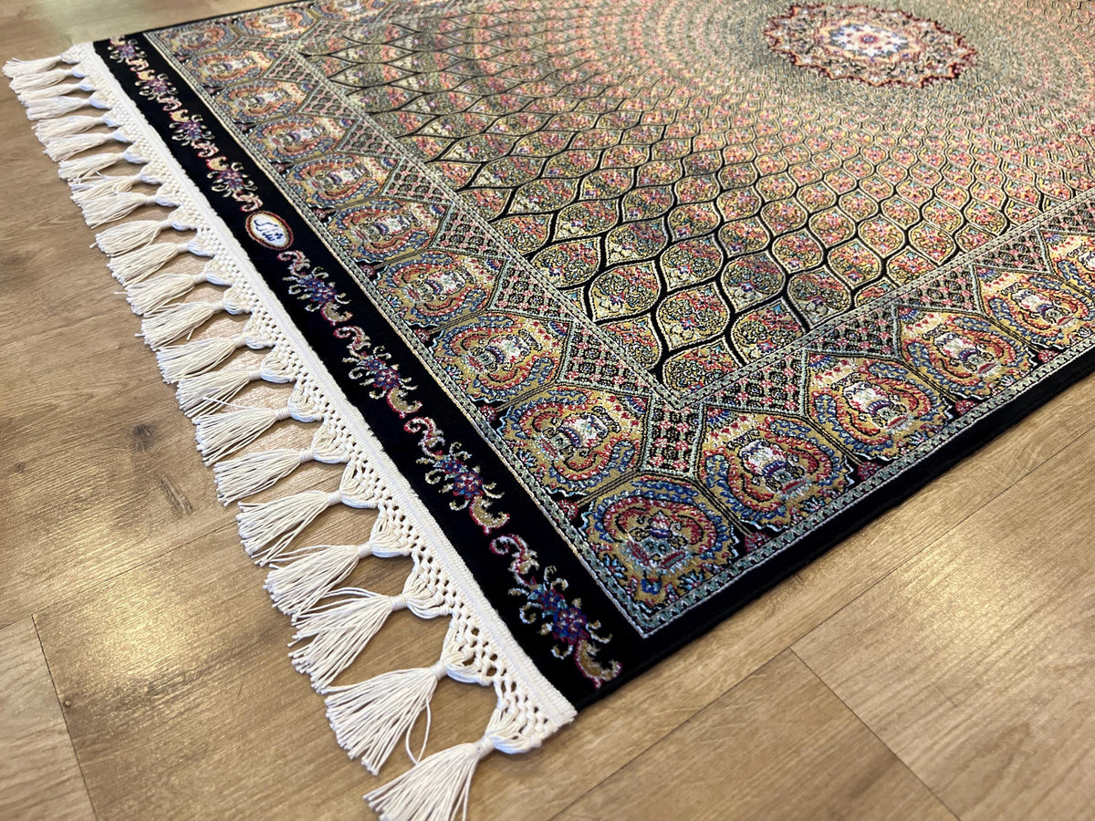 Black Gold Silk Turkish Rug, Small Gift Carpet, Home Decor