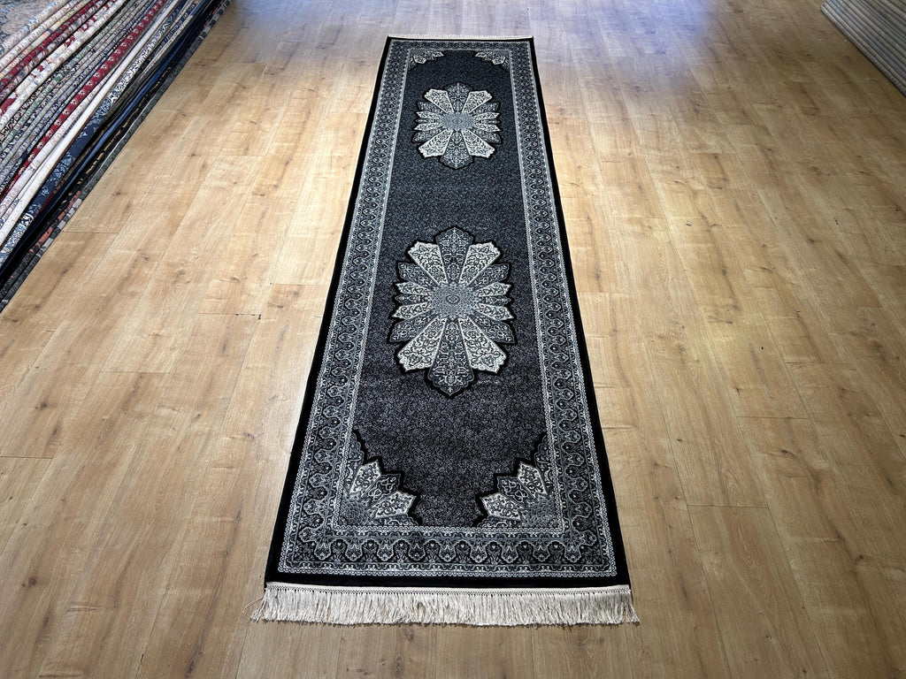 3x10 ft Black Gray Runner Silk Rug, Medallion Design, Classic Luxury Area Rug