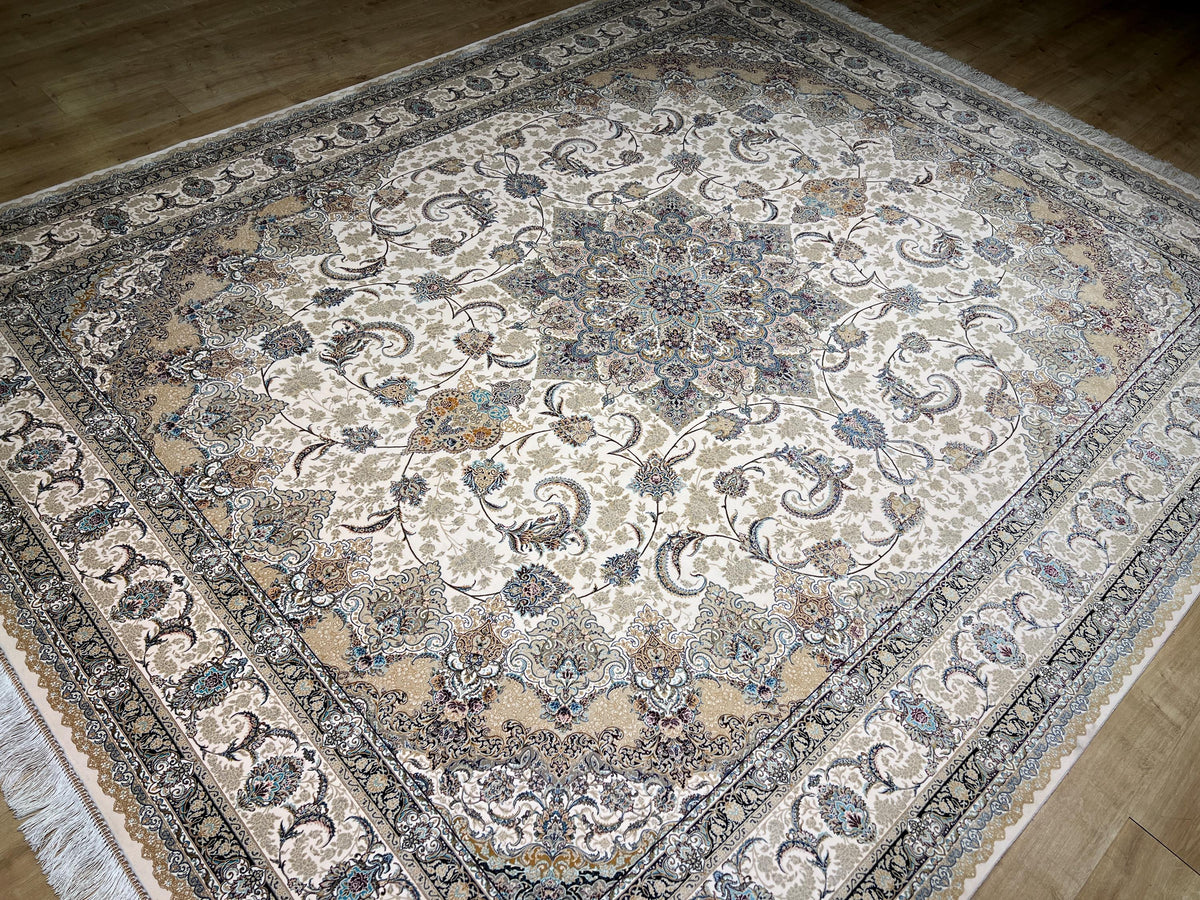 8x10ft Beige Floral Silk Rug, Classic Medallion Oriental Area Rug, Living Room Carpet