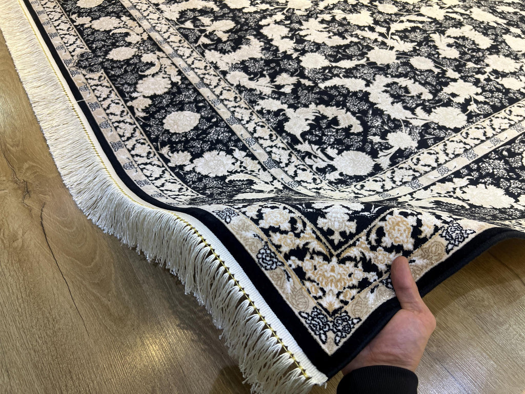 Black Classic Silk Rug with Gold Floral Motifs, Luxury Silk Carpet