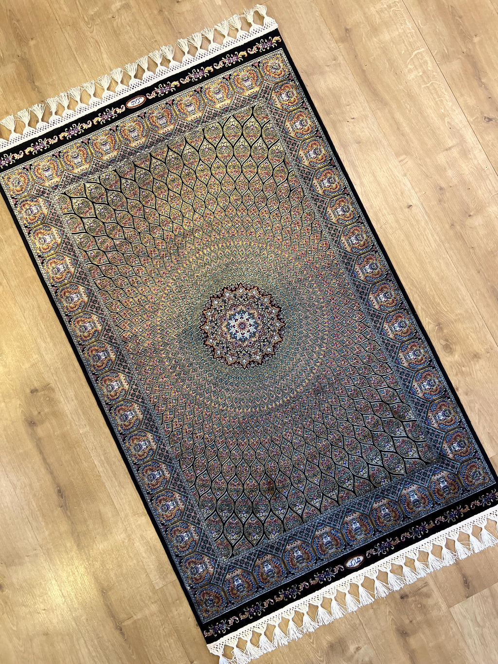Black Gold Modal Silk Rug, Turkish Table Decor (2x3 ft)