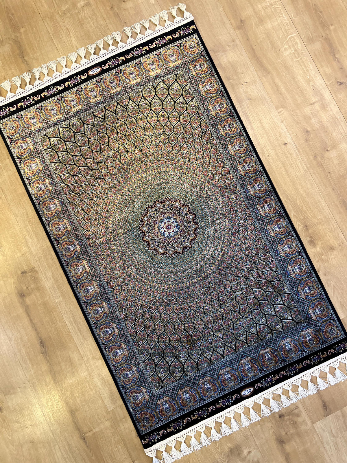 Black Gold Modal Silk Rug, Turkish Table Decor (2x3 ft)