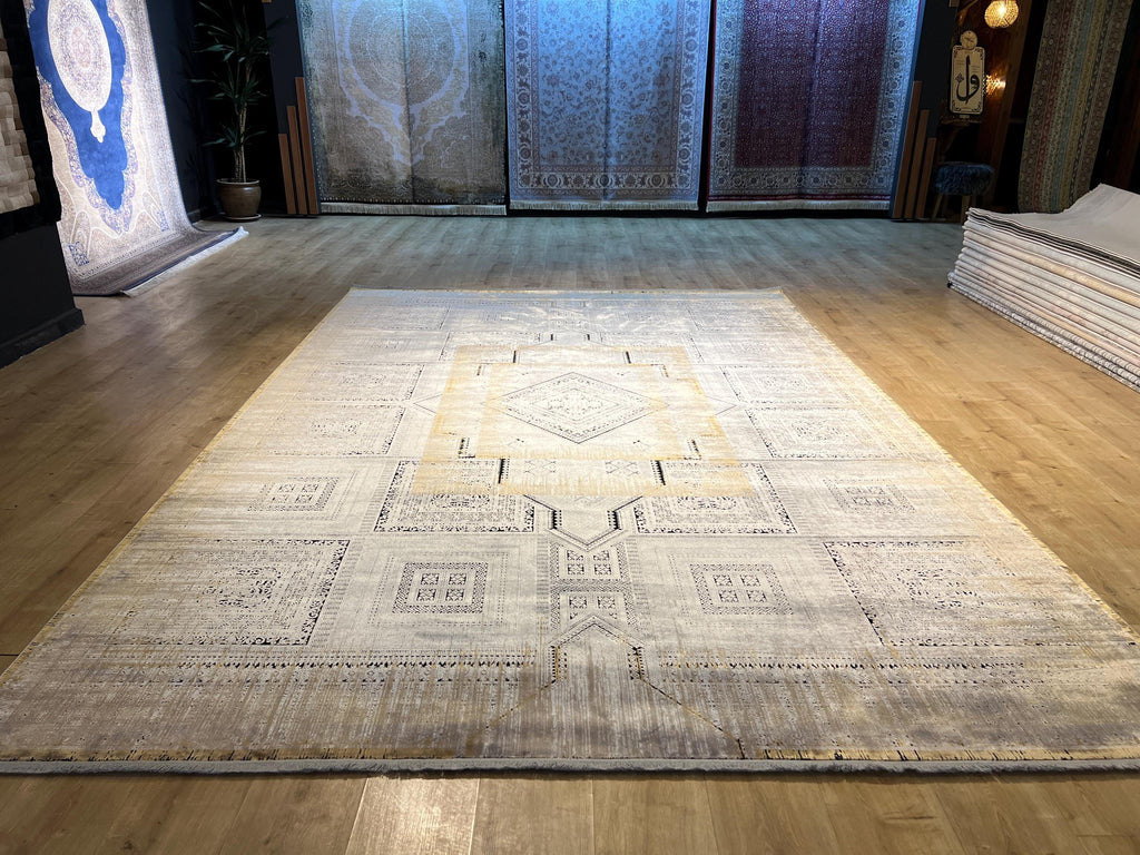 8x11 ft Gray Yellow Geometric Bamboo Rug with Ethnic Patterns, Modern Natural Carpet