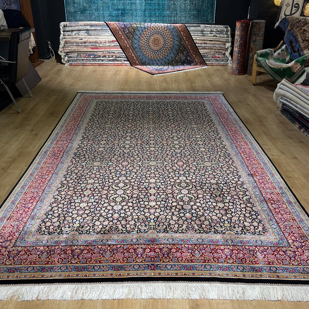 7x10 Ft Black Silk Rug With Red Border, Traditional Floral Classic Design