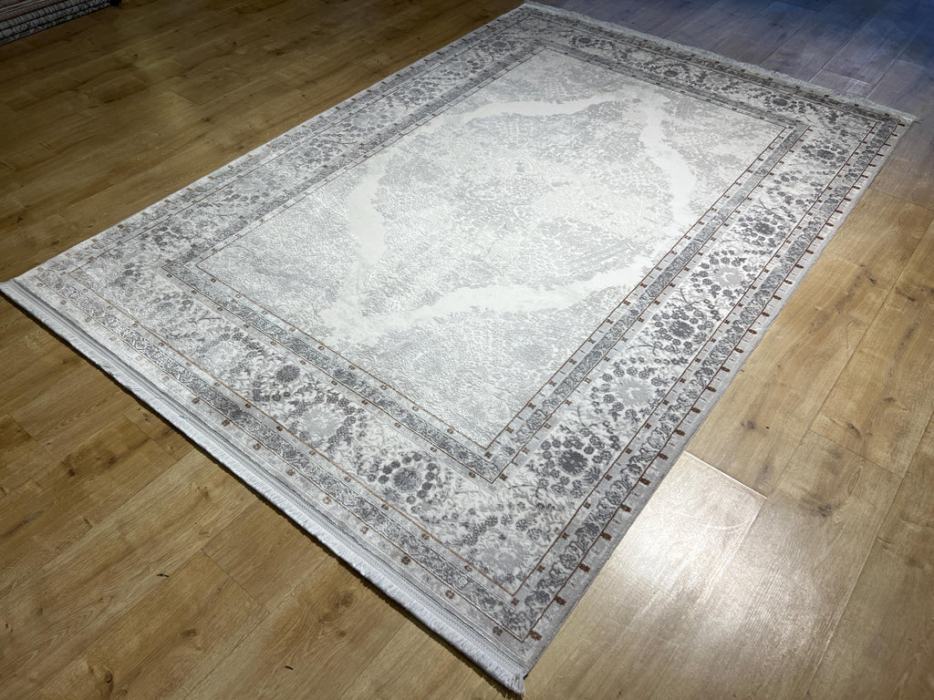 Gray Silver Bamboo Area Rug, Turkish Medallion Design Carpet (5x8 ft)