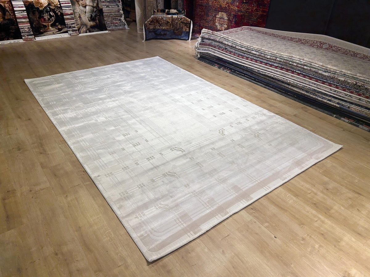 Beige Cream Bamboo Rug, Striped Minimalist Modern Rug, Oversize Carpet