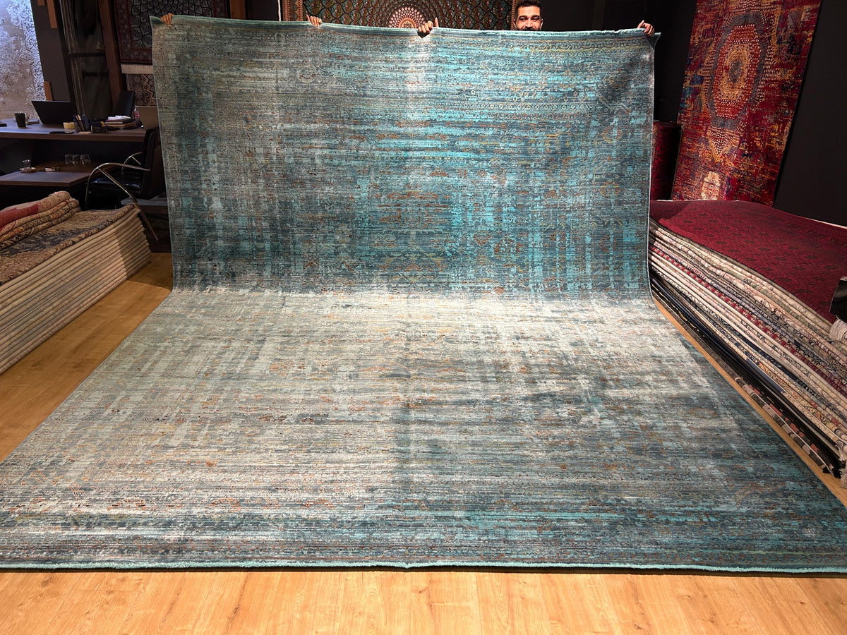 10x13 ft Turquoise Bamboo Rug, Distressed Pattern, Modern Rug