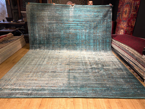 10x13 ft Turquoise Bamboo Rug, Distressed Pattern, Modern Rug