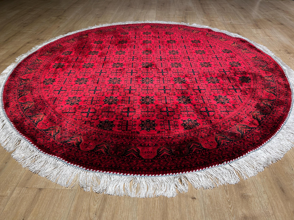 5x5 Ft Red Silk Round Rug, Ethnic Pattern Turkish Silk Carpet, Traditional Design