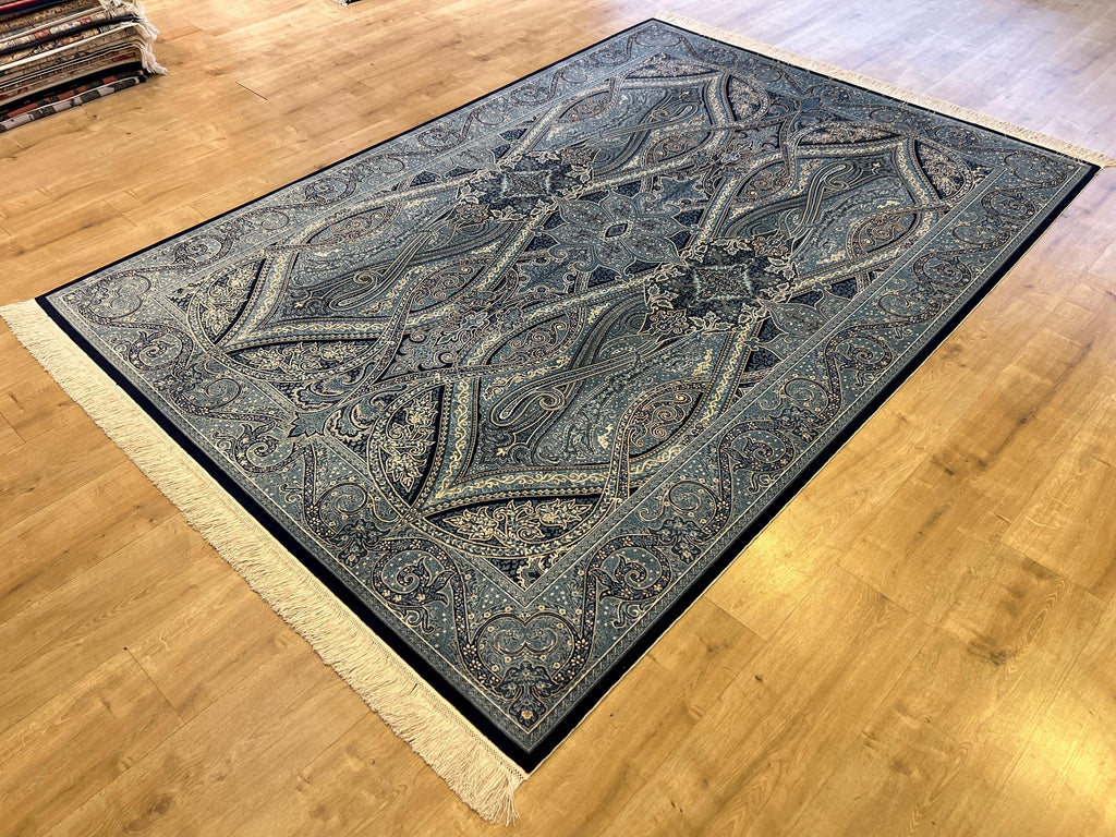 5x8 ft Silk Rug, Blue Tones with Timeless Motifs, Luxury Classic Silk Carpet