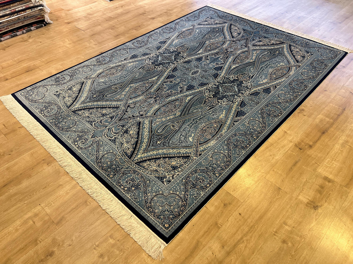 5x8 ft Silk Rug, Blue Tones with Timeless Motifs, Luxury Classic Silk Carpet