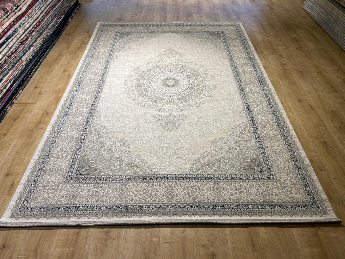 Cream Navy Blue  Bamboo Rug, Classic Medallion Bamboo Carpet, Home Decor