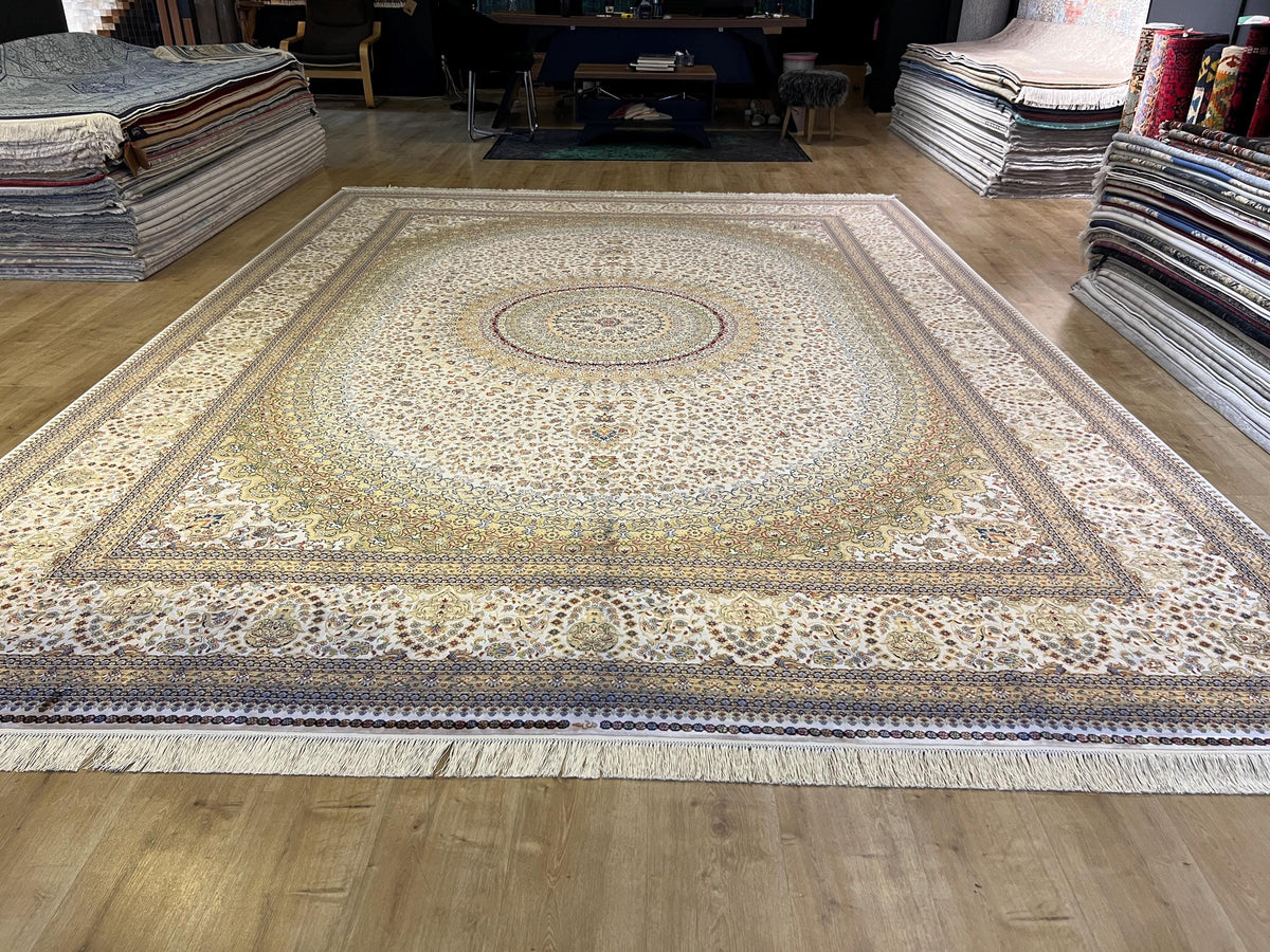 Bamboo Silk Ivory Rug 10x13 ft, Luxury Large Rug with Classic Medallion Design