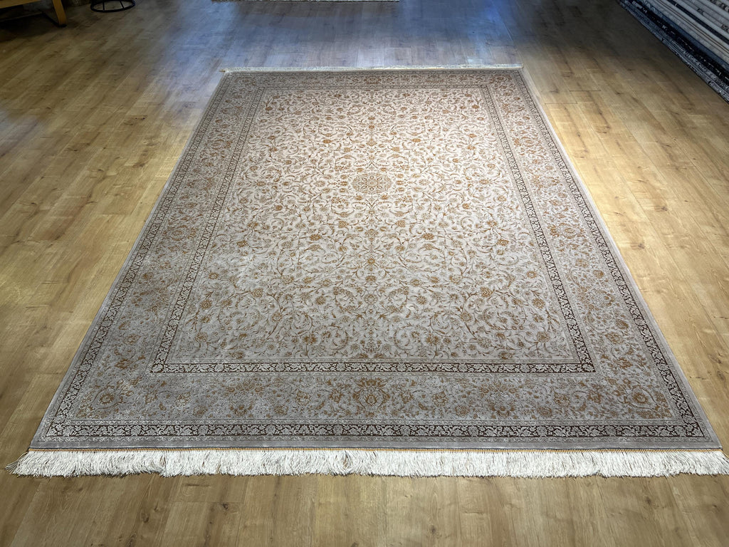 7x10 ft Brown Beige Silk Bamboo Rug, Framed Classic Design, Traditional Style Carpet