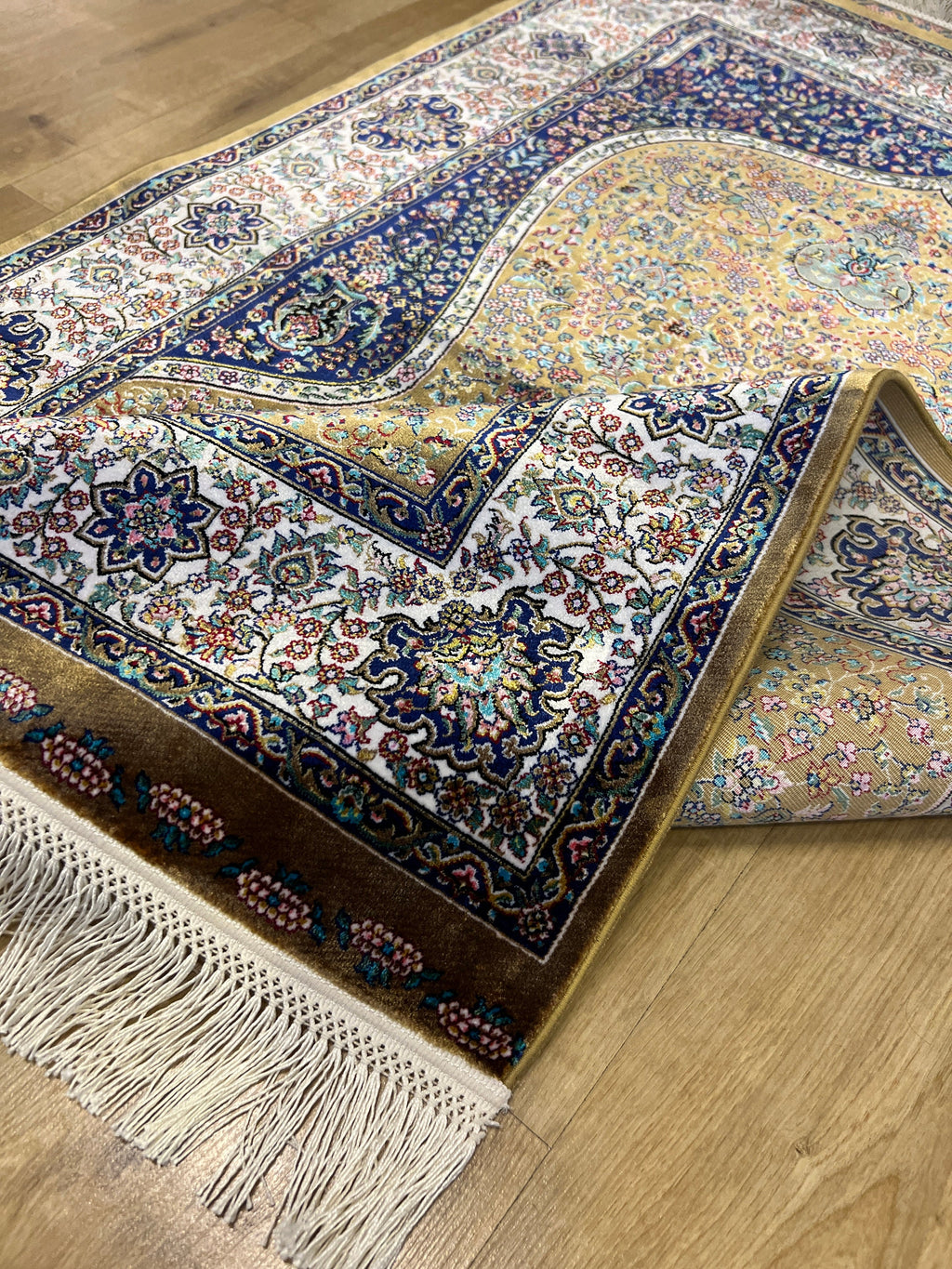 Gold Blue Silk Prayer Rug, Janamaz Mat, Muslim Gift Mat (2.62 X 4.10)