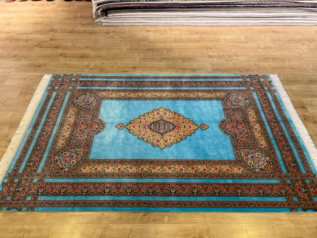 5x8 ft Blue Silk Area Rug, Floral Medallion Classic Style, Luxury Home Decor