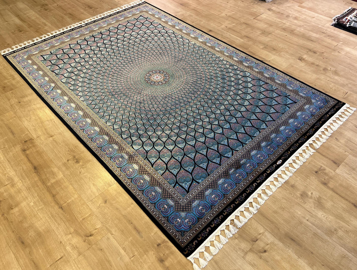 5x8 ft Blue Black Silk Rug, Traditional Medallion Design Rug