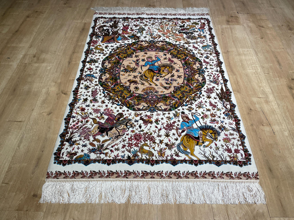 Ivory Decorative Silk Tapestry Rug With Art Motifs, Floral Design