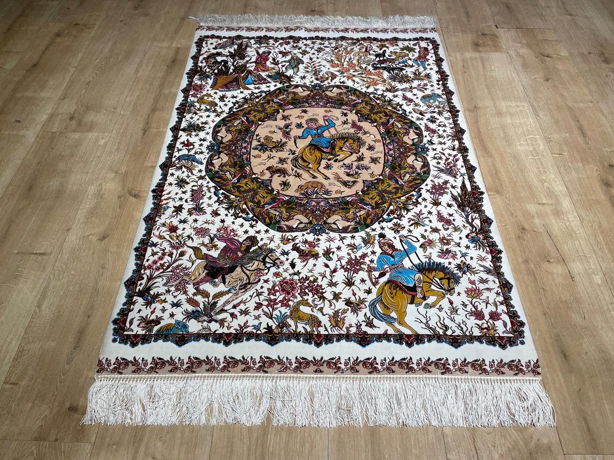 Ivory Decorative Silk Tapestry Rug With Art Motifs, Floral Design
