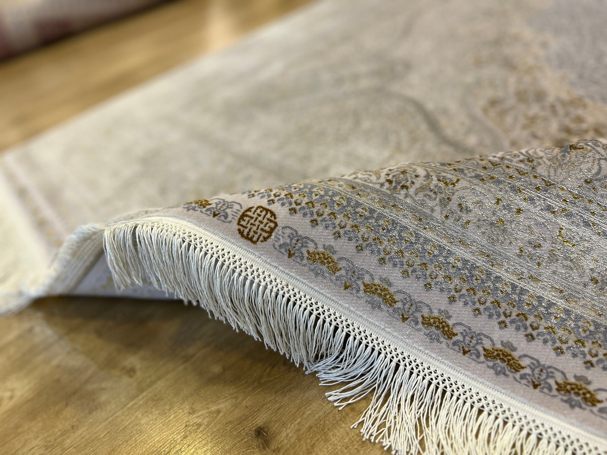 7x10 ft Ivory Silk Rug with Grey Gold Medallion, Luxury Classic Floral Design