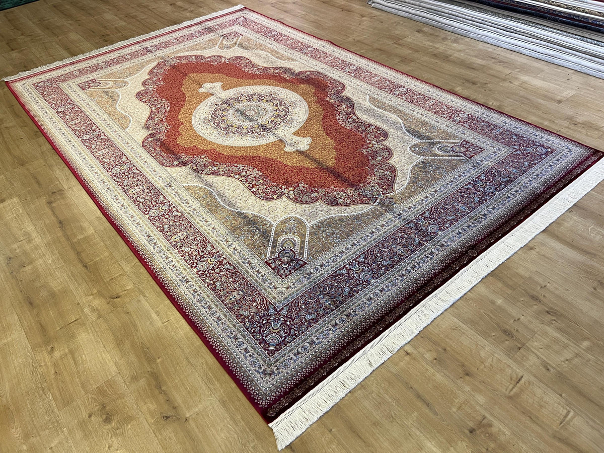 7x10 ft Red Modal Silk Rug, Ornate Medallion Floral Pattern, Luxury Turkish Large Carpet