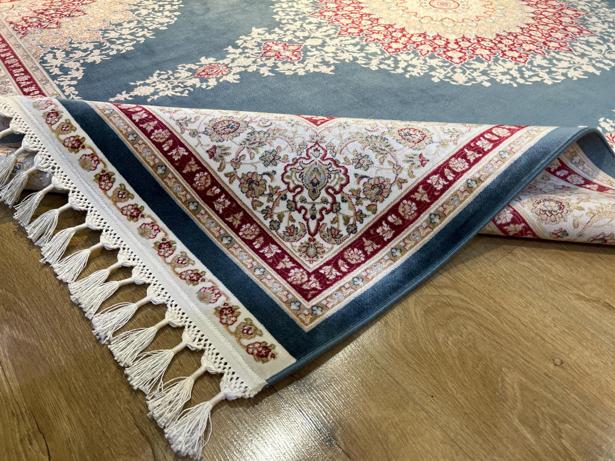 5x8 ft Blue Red Bamboo Silk Rug, Classic Medallion Rug