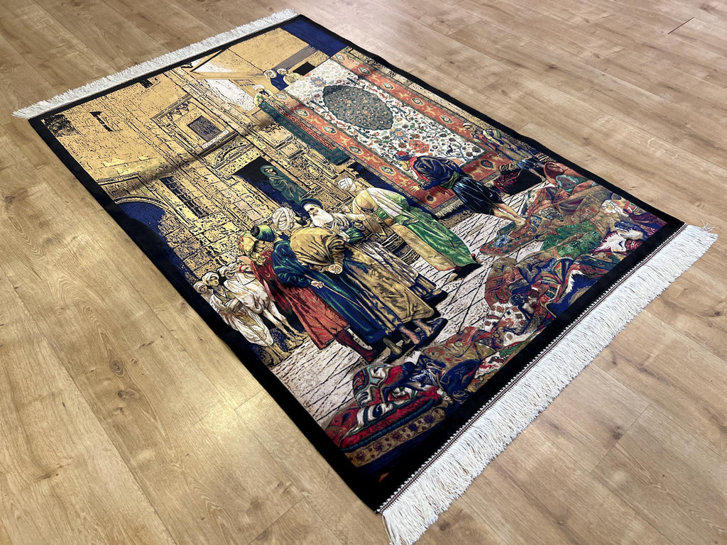 3x5 Ft Tapestry Silk Rug With Historic Bazaar Illustration, Wall Decor