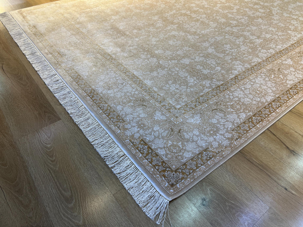Cream Gold Silk Rug, Floral Pattern Classic Turkish Carpet
