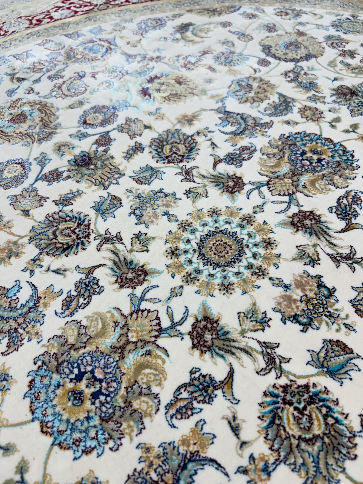 5x5 ft Ivory Round Silk Rug, Red Gold Border Design, Turkish Style Floral Pattern