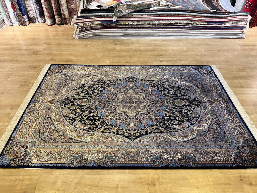 5x8 ft Black Blue Silk Carpet, Luxury Turkish Home Decor, Medallion Silk Rug