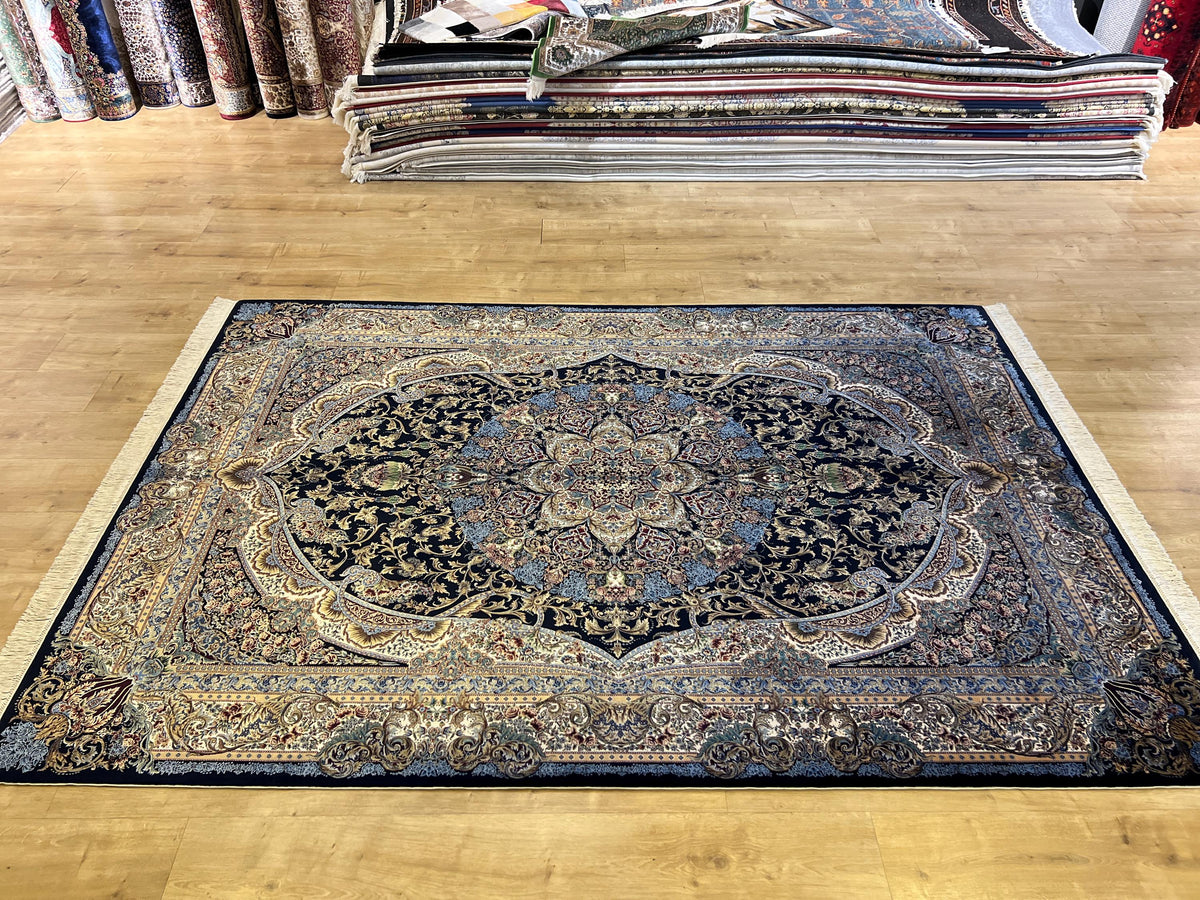 5x8 ft Black Blue Silk Carpet, Luxury Turkish Home Decor, Medallion Silk Rug