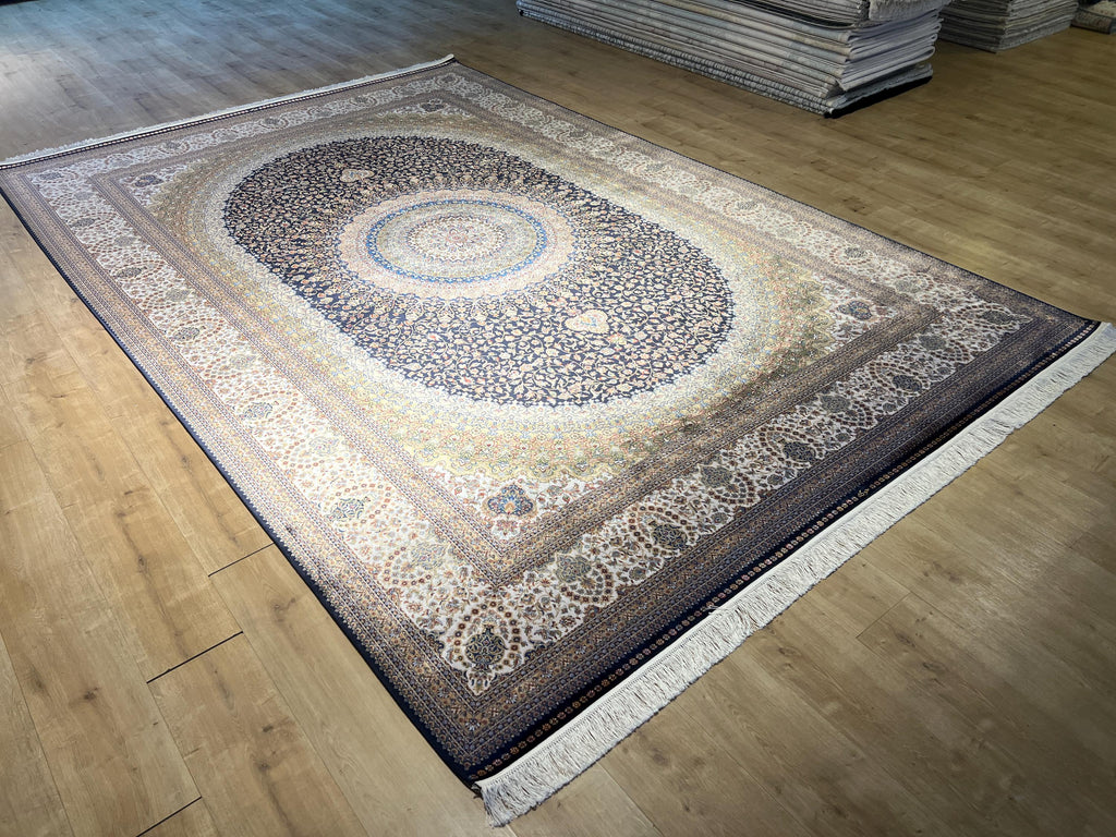 8x11 ft Dark Blue Silk Rug with Gold Medallion, Classic Turkish Style Luxury Carpet