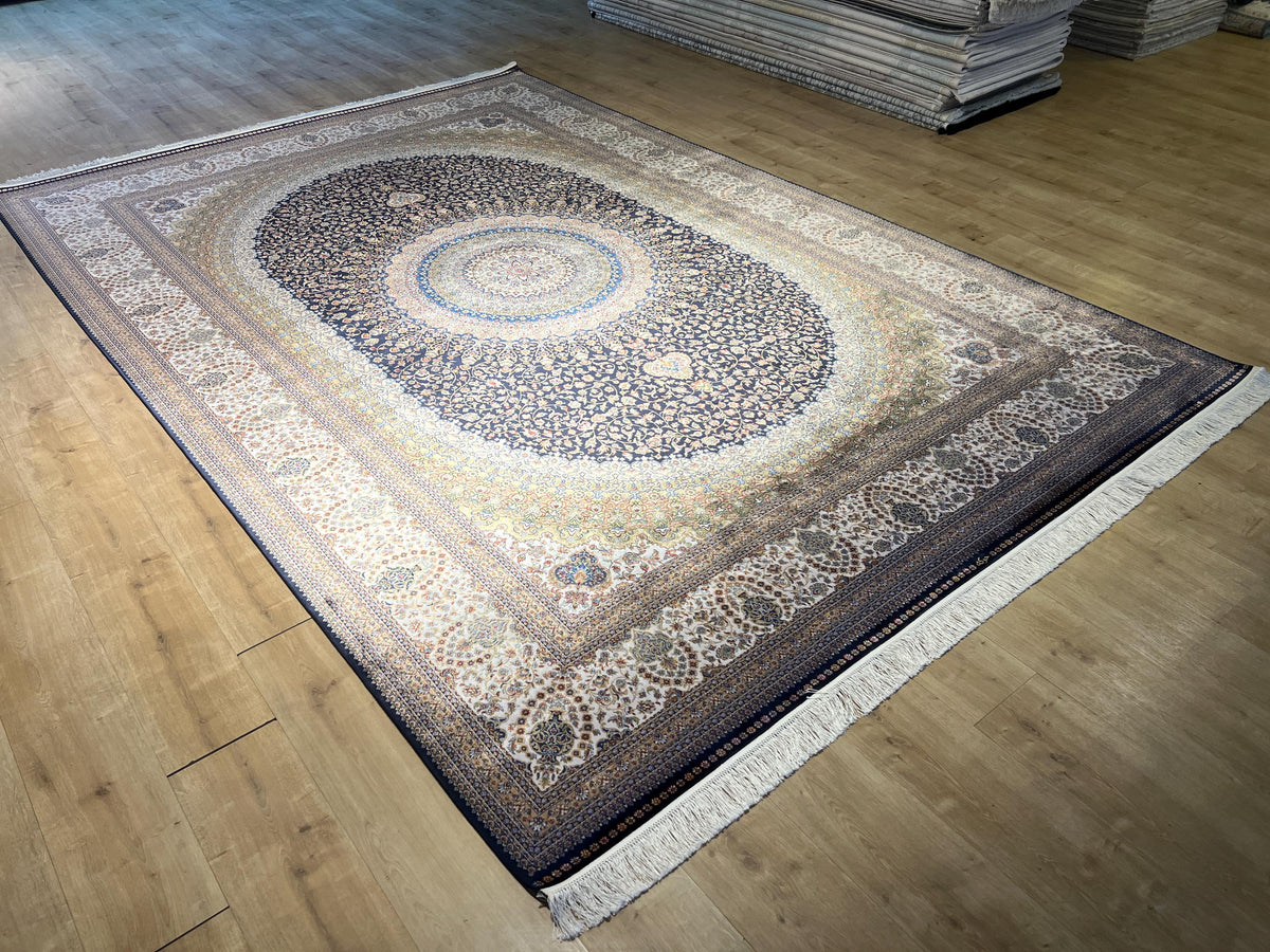 8x11 ft Dark Blue Silk Rug with Gold Medallion, Classic Turkish Style Luxury Carpet