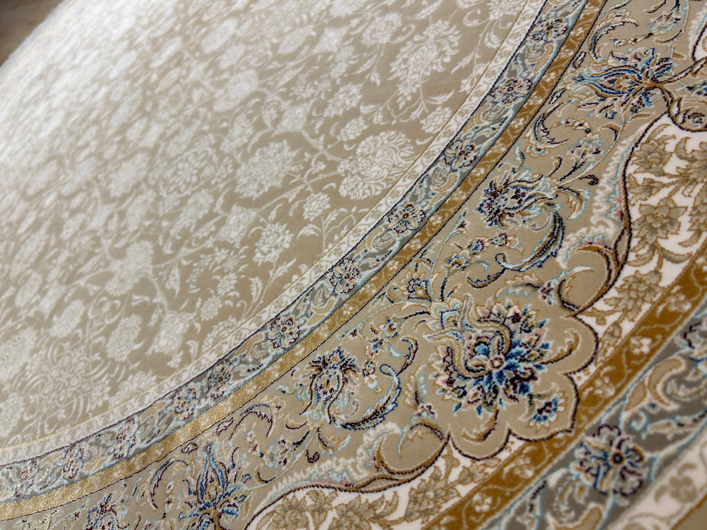 5x5 ft Beige Round Silk Rug, Classic Turkish Style Carpet, Floral Design