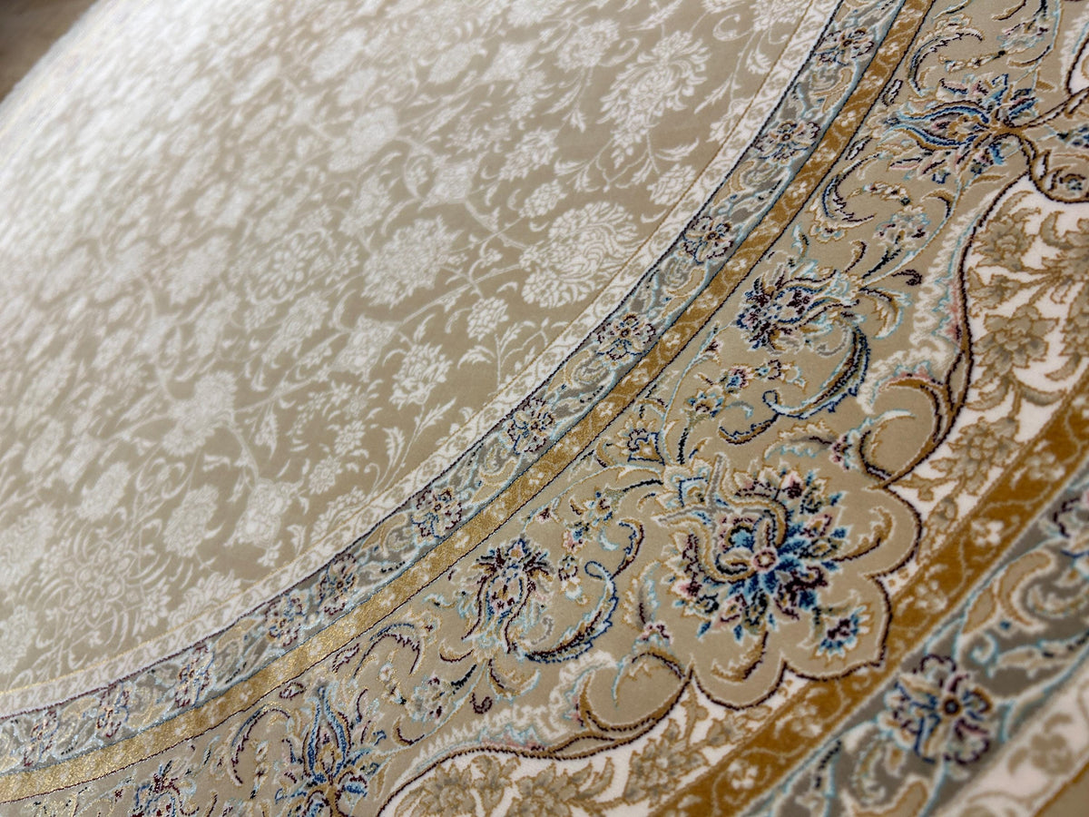 5x5 ft Beige Round Silk Rug, Classic Turkish Style Carpet, Floral Design