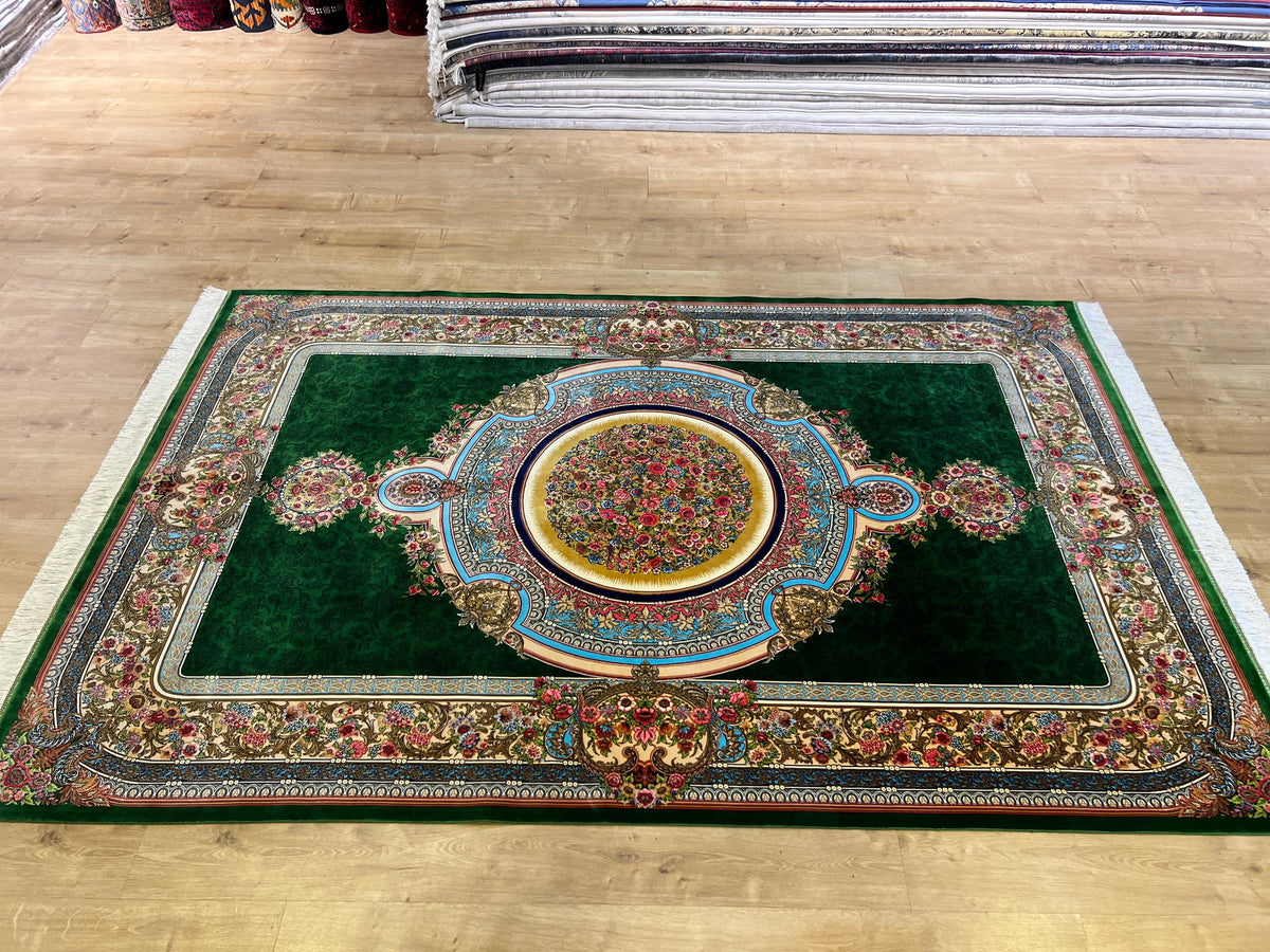 Luxury Green Silk Rug With Floral Border and Medallion