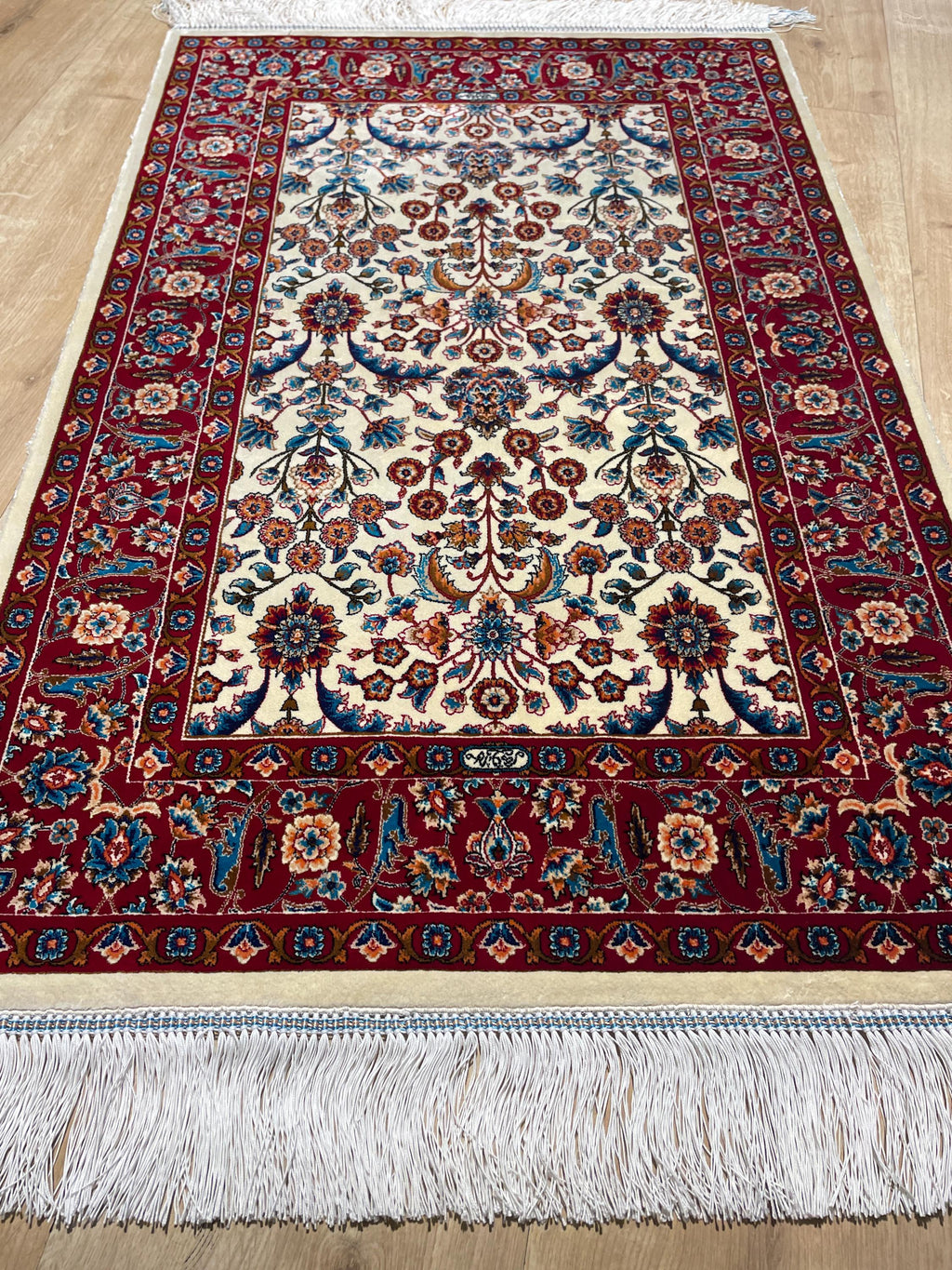 Cream Small Silk Rug, Red Bordered Floral Silk Mat, Luxury Home Decor