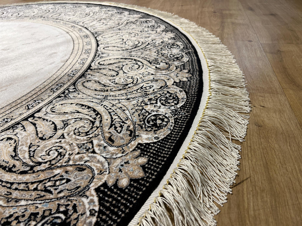 5x5 Ft Round Cream Silk Rug, Black Framed Border, Classic Luxury Turkish Rug