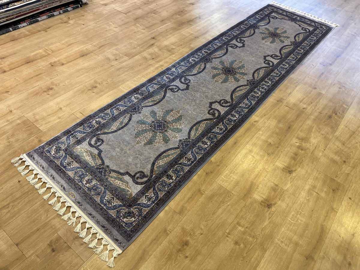 Gray Gold Medallion Silk Runner Rug, 3x10 ft, Classic Luxury Hallway Rug