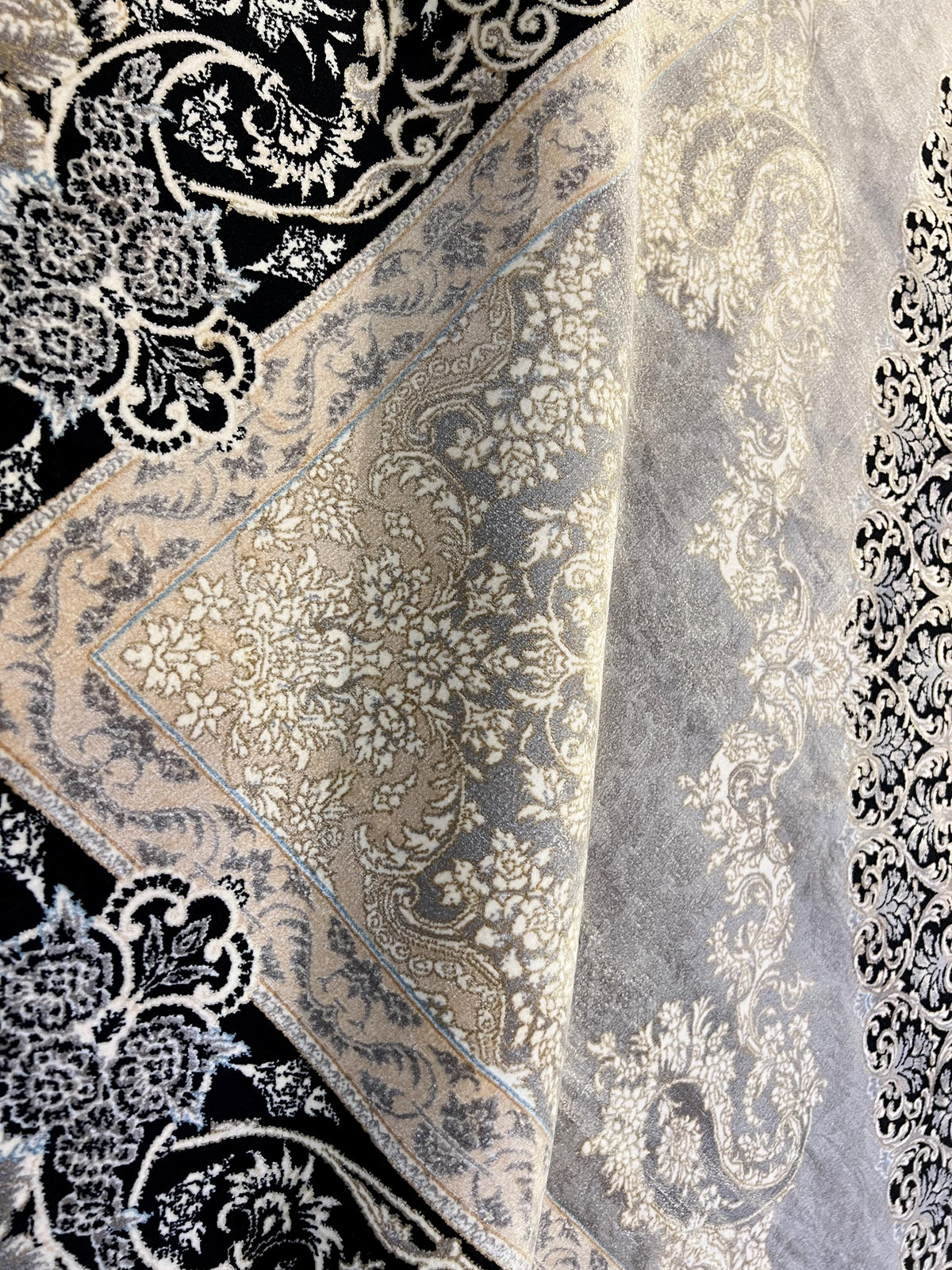 10x13 ft Black Classic Medallion Silk Rug with Gold Motifs, Big Silk Carpet