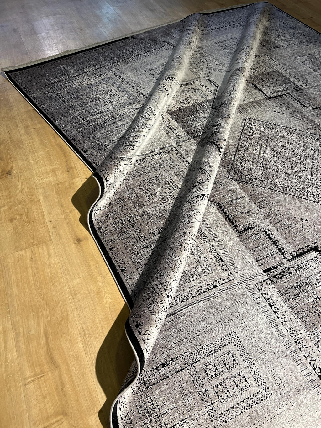 8x11 ft Gray Geometric Bamboo Rug with Ethnic Patterns, Modern Natural Carpet